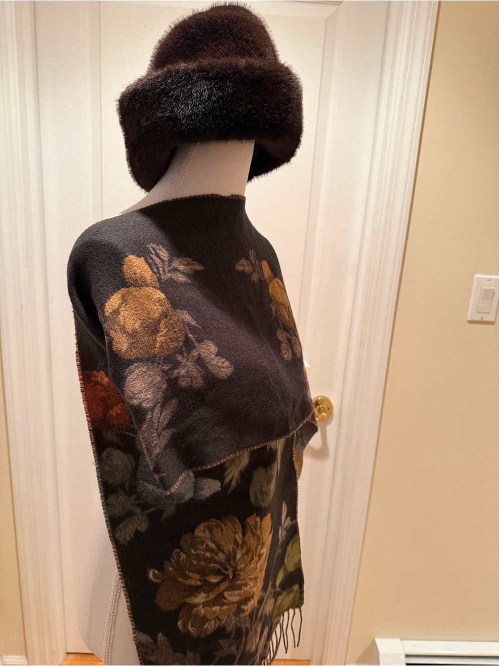 Coshmink Brown Floral Fringe Scarf with H&M Matching Brown Faux Fur Bucket Hat